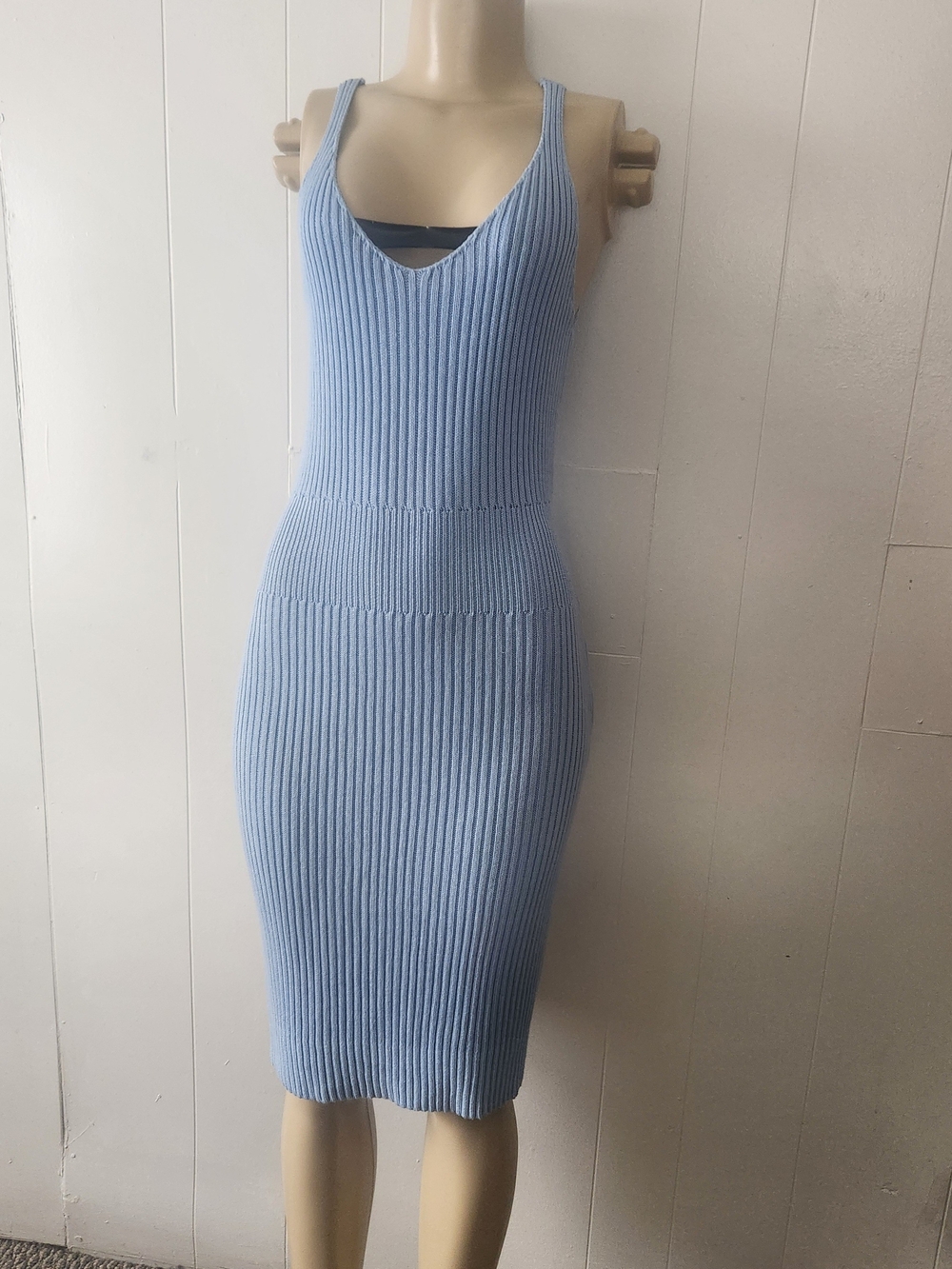 Ribbed Knit V-Neck Bodycon Dress in Light Blue
